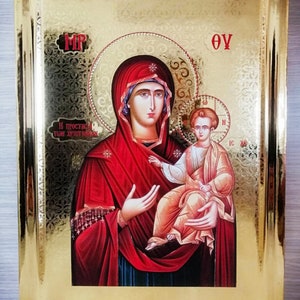 Virgin Mary & Jesus Christ Icons - Orthodox Greek Handmade Icons on Natural Wood High Quality