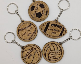 Personalized Last Name and Number Wood Sports Keychain Soccer, Football, Volleyball, Baseball and Basketball Laser Cut and Engraved