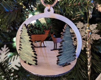 Handmade Peeking Deer Scenic 3D Christmas Ornament.