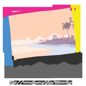 May include: A digital illustration of a beach scene with a palm tree, mountains, and a river. The image is framed with colorful lines and the text "360 Overlays" and a website address.