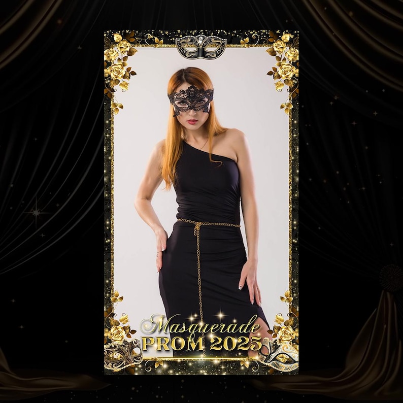 May include: A black and gold masquerade prom photo booth backdrop with a black lace mask and the text "Masquerade Prom 2025".