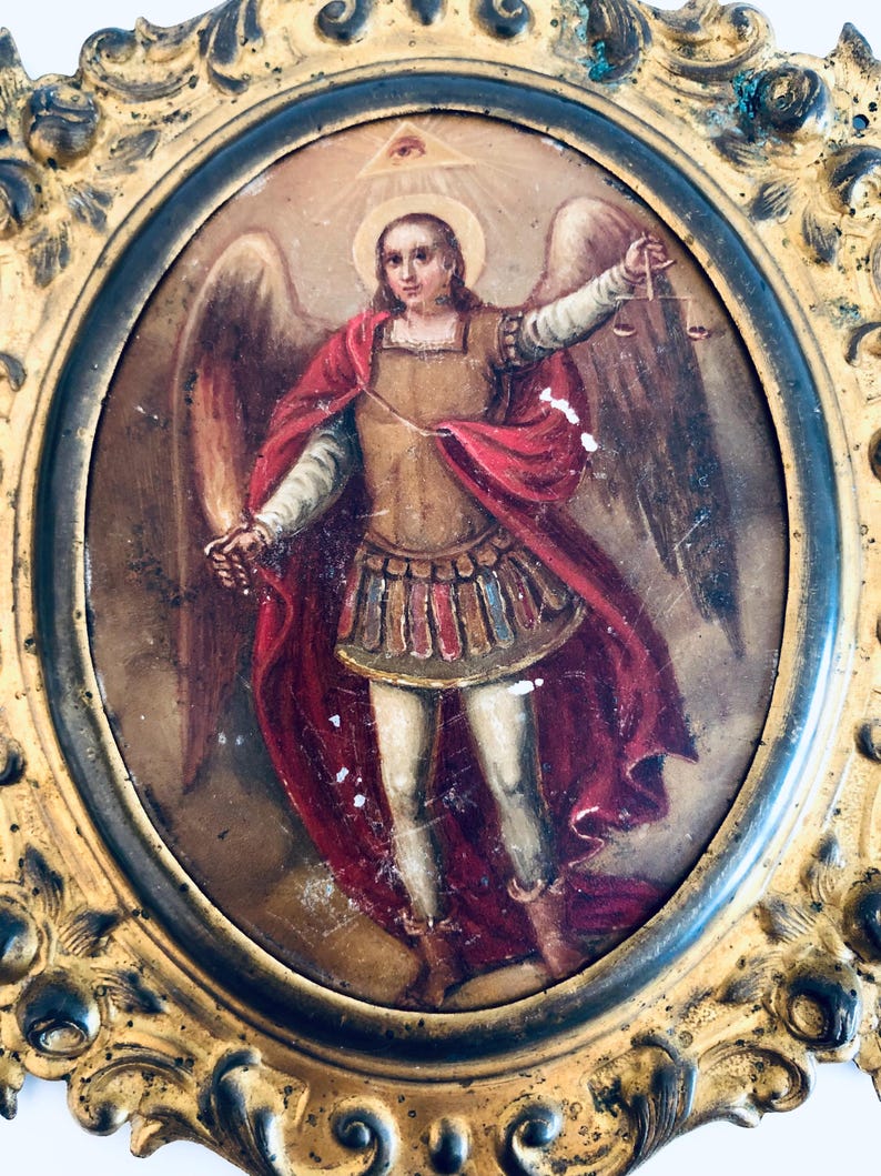 Small Antique Saint Michael Archangel Painting on Metal in Golden Frame ...