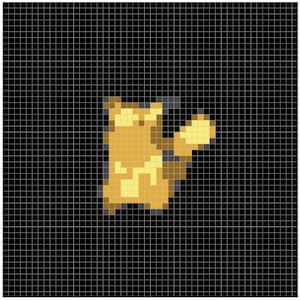 以下が含まれることがあります： 黒いグリッドの背景に、長い尻尾を持つ黄色の生き物のピクセル化された画像。 生き物は明るい黄色の体、より暗い黄色の尾、灰色のアクセントを持っています。 スタイルはレトロなビデオゲームグラフィックを彷彿とさせます。