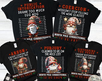 May include: Four black t-shirts with a Christmas theme featuring a gnome in a mugshot style. Each shirt has a different crime and text: "Public Intoxication", "Coercion", "Arson", "Purjury", and "Disturbing the Peace".