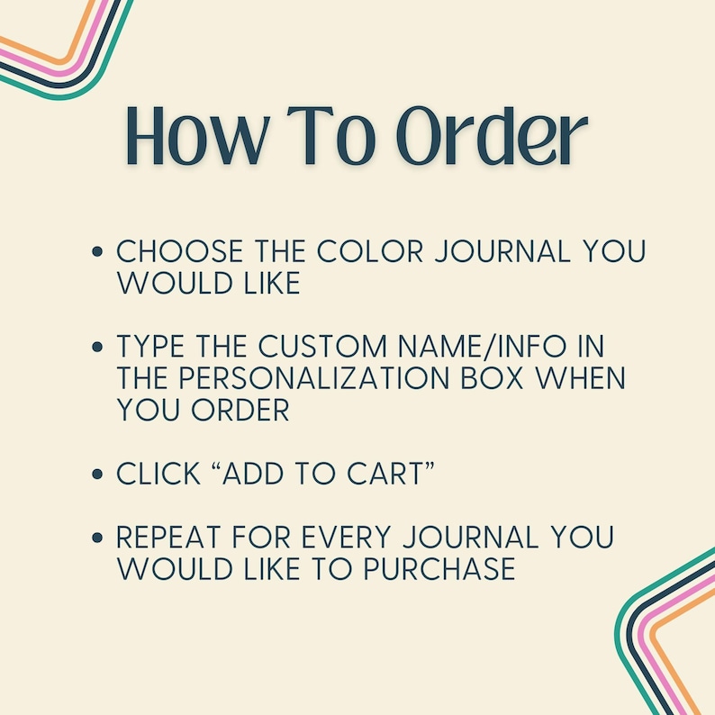 May include: A cream-coloured graphic with the text "How To Order" in dark blue. Instructions include choosing a journal colour, typing custom info, clicking "Add to Cart," and repeating for each journal. Decorative lines in teal, pink, and orange.