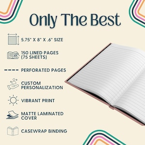 May include: Open notebook with lined pages, featuring the text "Only The Best." The notebook is 14.6 cm x 20.3 cm x 1.5 cm and has 150 lined pages. Additional features include perforated pages, custom personalization, a vibrant print, a matte laminated cover, and casewrap binding.