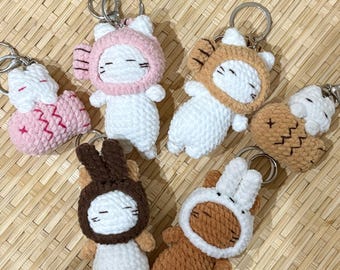 Cozy Cat Crochet Keychain, Handmade Plush Cat Charm, Kawaii Animal Onesie Cat, Cute Bag Charm, Cat Lover Gift