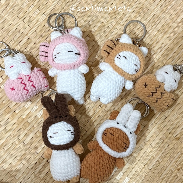 Cozy Cat Crochet Keychain, Handmade Plush Cat Charm, Kawaii Animal Onesie Cat, Cute Bag Charm, Cat Lover Gift