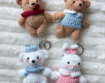 Handmade Crochet Bear and Bunny Keychains – Fuzzy Animal Bag Charms Keychain for Gifts