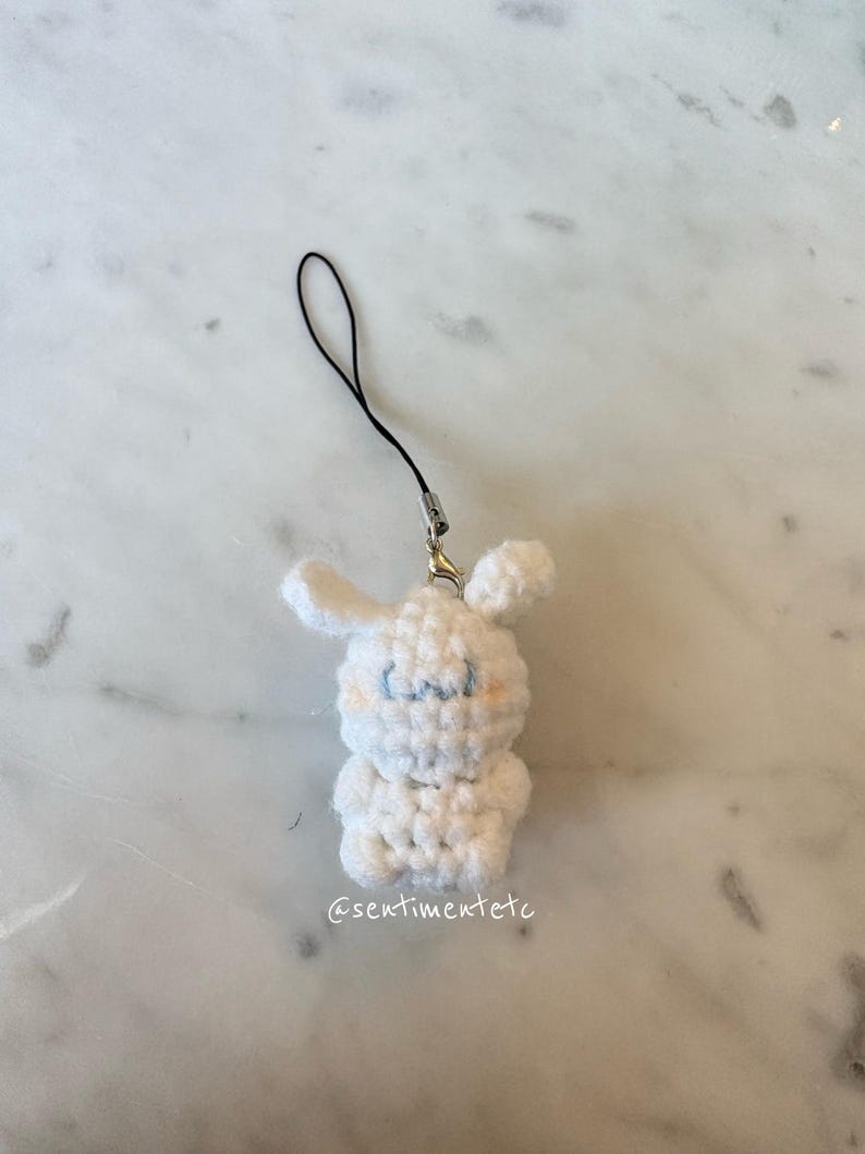 May include: A white crochet bunny charm with blue stitched eyes and blush-colored cheeks. The charm has a black string and silver-colored clasp. The text "@sentimentetc" is visible on the bottom of the charm.