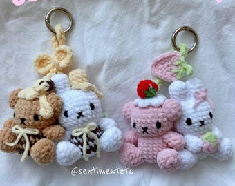 Crochet Bunny and Bear Sweet Keychain Set, Cute Handmade Animal Bag Charms, Kawaii Gifts for Her, Pastel Couple Gift, Handbag Accessories