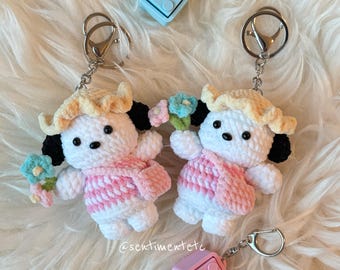 Crochet Pochacco Keychain, Handmade Amigurumi Dog Plush with Hat and Flowers, Cute Kawaii Bag Charm Gift