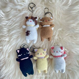 May include: Five crocheted cat keychains in different colors, including black, white, brown, yellow, and calico. Each keychain has a small, white face with black eyes and a pink nose. The keychains are hanging from silver key rings.