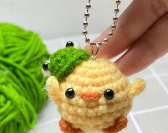Crochet Frog Hat Chick Keychain, Kawaii Tiny Chick Plush, Handmade Amigurumi Bag Charm, Cute Animal Keychain Gift | Mini Crochet Chick