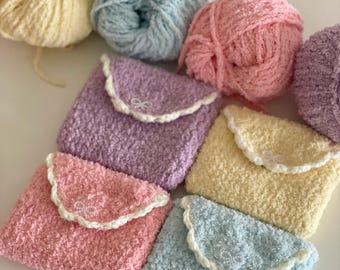Kawaii Crochet Card Holder, Fuzzy Plush Wallet, Bow Coin Purse, Cute Pastel Card Wallet, Handmade Crochet Pouch