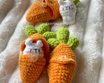Crochet Bunny Carrot Keychain, Handmade Plush Amigurumi, Cute Bunny in Carrot Pouch, Kawaii Bag Charm Gift