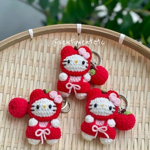 Kawaii Crochet Kitty Keychain, Apple Overall Cat Plush Charm, Tiny Amigurumi Cat Keychain, Cute Handmade Bag Charm Gift