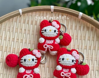 Kawaii Crochet Kitty Keychain, Apple Overall Cat Plush Charm, Tiny Amigurumi Cat Keychain, Cute Handmade Bag Charm Gift