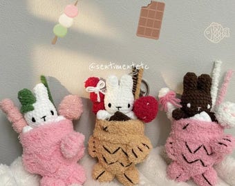 Crochet Dessert Bunny Taiyaki Keychain, Cute Dessert Cup Bunny Plush, Handmade Food Theme Keyring, Kawaii Gift