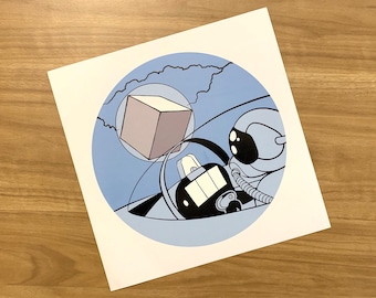 May include: A blue and white illustration of a robot in a space helmet driving a vehicle with a large cube floating above it.
