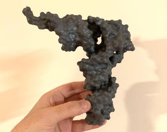 May include: A dark gray, abstract sculpture with a textured surface. The sculpture has an irregular shape with multiple protrusions and openings. The object is held in a person's hand against a neutral background.