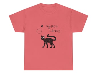May include: Coral-coloured t-shirt with a black cat illustration and scientific equations. The design includes a lightbulb and the equation "ih(d/dt)|Ψ(t)⟩ = Ĥ|Ψ(t)⟩". The cat has a curved tail and an alert expression.
