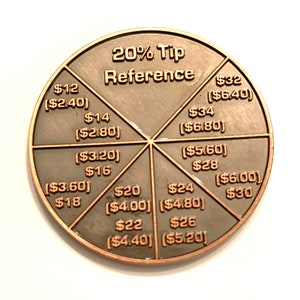 May include: A round, bronze-colored coin with a 20% Tip Reference chart. The chart shows the tip amount for different bill totals, ranging from $12 to $32.
