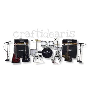 miniature drum set and 3 miniature guitars A 7 X wall shelf display home decor 1 : 12