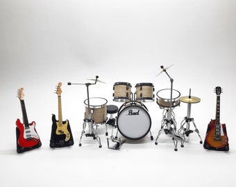 Tambores en miniatura y 3 escalas de guitarra en miniatura 1/12 mesa de exhibición de decoración del hogar