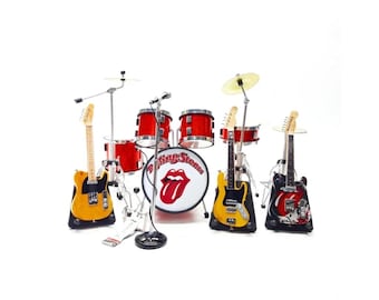 Tambor en miniatura pequeño y guitarra en miniatura pequeña para accesorios figura de acción 1:12 para exhibición y regalo decoración del hogar