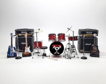 batería en miniatura y 3 guitarras en miniatura PEARL JAMM estante de pared exhibición decoración del hogar 1 : 12