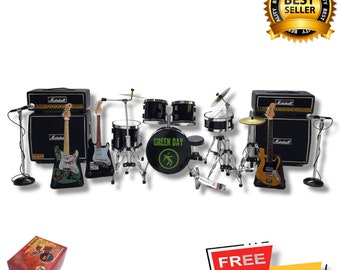 Set de instrumentos musicales en miniatura: guitarra, batería y amplificador a escala 1/12.