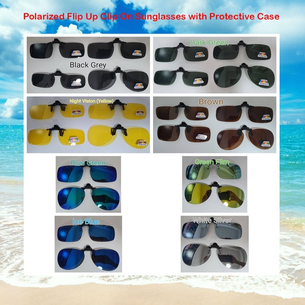 Polarized Flip Up Clip On Sunglasses with Protective Case (READ description or SCROLL through pictures BEFORE purchase!)