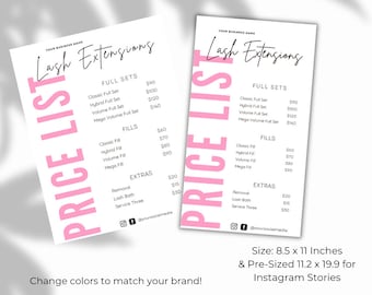 Lash Price List Template, Lash Extensions Forms, Lash List Templates, Price List Template Editable, Printable Price Sheet, Salon Price List