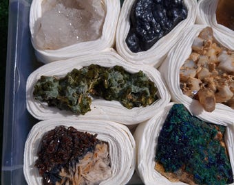 Moroccan Mineral Collection: Raw Azurite, Malachite, Vanadinite, Epidote, Hematite, Fluorite, Barite, Galena, Quartz Geode