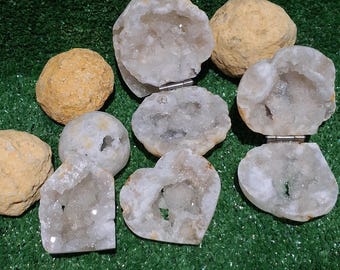 Mega Marokkaanse kwartsgeodebundel (8 stuks) – meer dan 6 cm grote kristallen! Breek je eigen geode, gesneden hart/toren/bol en kristallen sieradendoos