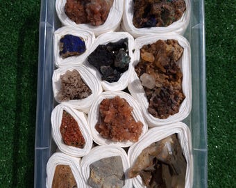Moroccan Mineral Fossil Collection – Raw Ammonite, Azurite, Malachite, Vanadinite, Fluorite, Quartz, Aragonite Box Lot