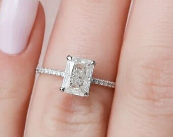 14K Gold Radiant Cut Engagement Ring, 2.50 Carat Moissanite Diamond Ring, Classic Engagement Rings, Hidden Halo Radiant Cut Diamond Ring