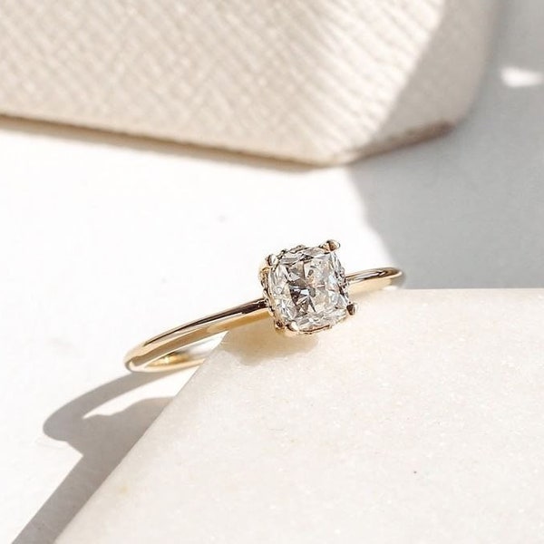 1.00 CT Dainty Cushion Cut Engagement Ring. Cushion Cut Solitaire Ring. Moissanite Wedding Ring, Hidden Halo Cushion Moissanite Halo Ring.