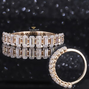 Emerald Cut Lab Grown Diamond Designer Women&#39;s Band, Stackable Anniversary Promise Band, Unique Half Eternity Matching Wedding Band For Her.