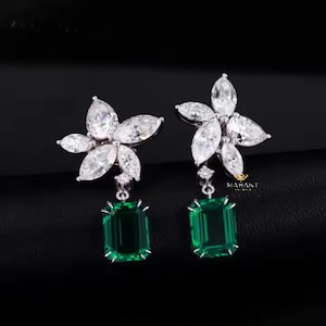 Cluster Multi Diamond Flower Dangle Drop Earring Stud For Women, Green emerald Stone Earring Stud, 14k White Gold Stud, Gift For Bridal.