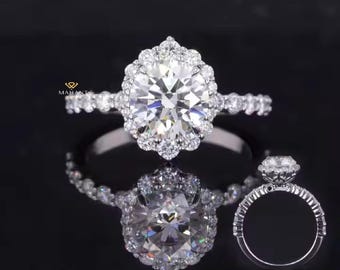 Round Cut Cluster Halo Diamond Engagement Ring, flower style prong ring, 14k White Gold Ring, Dainty Ring, Anniversary Ring, Handmade ring.