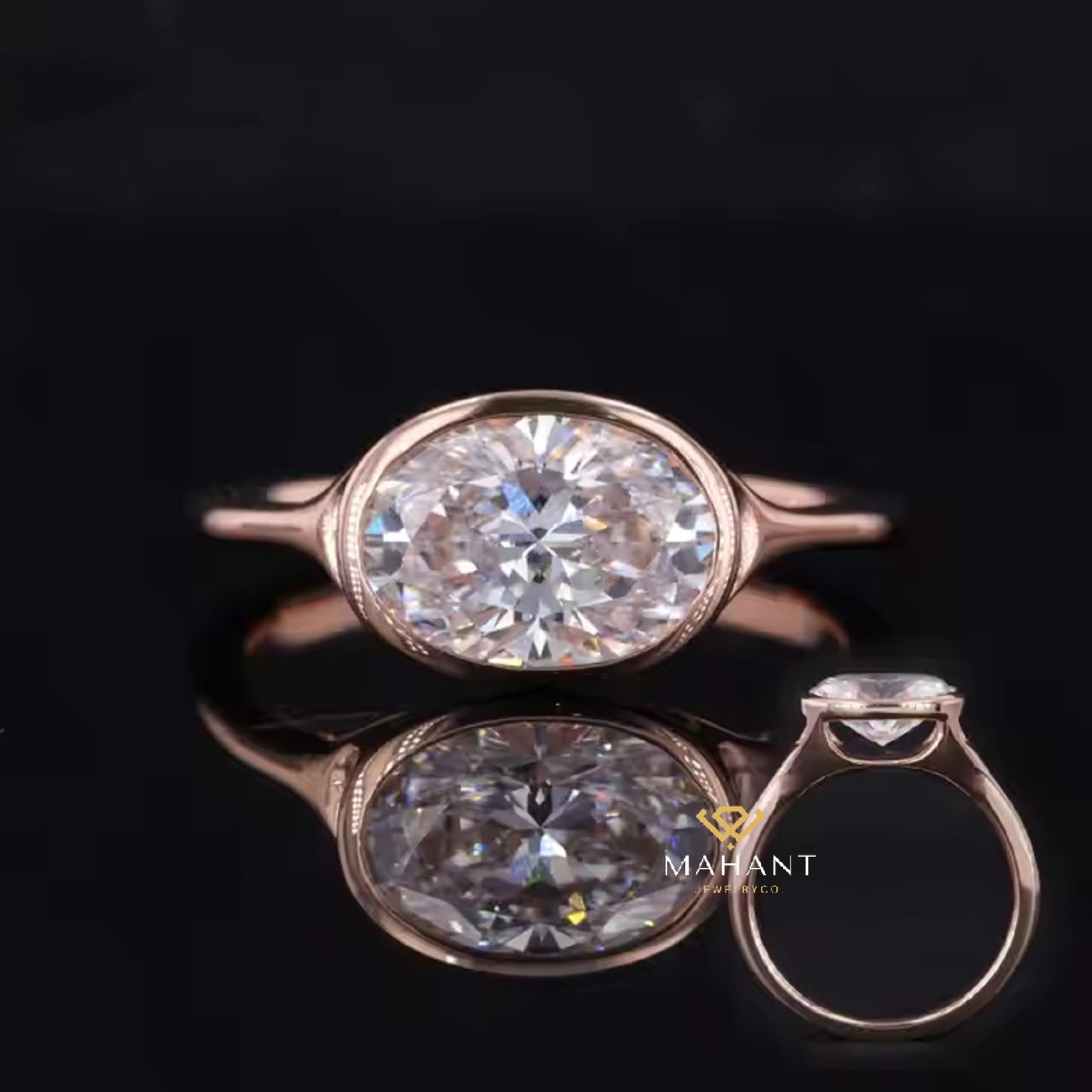 IGI Certified 2.5 CT Oval Lab Grown Diamond East West Ring, Oval Bezel Setting Solitaire Engagement Ring,14K Rose Gold Wedding Ring For Her