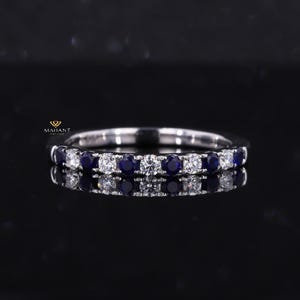 Diamond Blue Sapphire Half Eternity Band Pave Alternating Sapphire Diamond Infinity 2 mm Wedding Band Anniversary September April Stack Ring