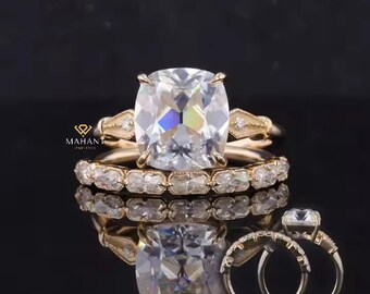 Old Mine Cushion Cut Engagement Ring With Half Eternity East To West Radiant Cut Matching Band, 143k Yellow Gold  Lab Grown Diamond Ring Set