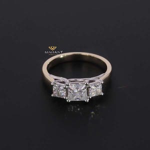 Princess cut lab grown Diamond Engagement Ring, Three Stone Ring, Trellis Set Ring, Trilogy diamond ring, 14K two tone wedding ring For Her.