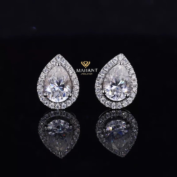 Pear Diamond Stud Earrings, Tear Drop Halo Diamond Studs, Tear Drop Diamond Earrings, Bridal Stud Earring, 18K White Gold Earring For Woman.
