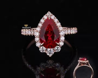 Anello di fidanzamento con rubino a forma di pera, anello con pavé di diamanti taglio rotondo, anello in oro rosa 14 carati, anello a mezza eternità, anello da sposa, regalo di anniversario.