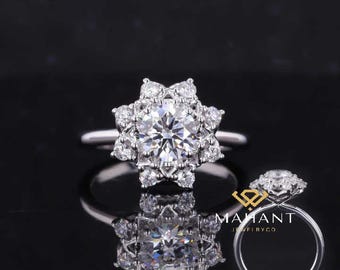 Floral Style Cluster Diamond Halo Engagement Ring Lab Grown Diamond Ring Eco-Friendly Round Diamond Ring for Women Flower Engagement Ring.