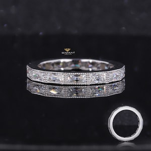 Vintage baguette Cut Lab Grown Diamond wedding band, milgrain bezel set ring, full eternity band wedding ring, art deco Band, Gift For Her.